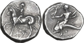 Greek Italy. Southern Apulia, Tarentum. AR Nomos, 272-240 BC. Obv. Horseman right, crowning horse; below, anchor. Rev. Phalanthos riding on dolphin le...