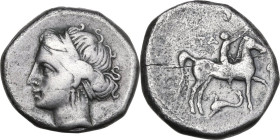 Greek Italy. Southern Apulia, 'Campano-Tarentine'. AR Nomos, 281-228 BC. Obv. Head of nymph left, hair bound in taenia. Rev. Horseman right, crowning ...