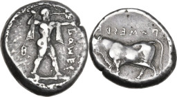 Greek Italy. Lucania, Poseidonia-Paestum. AR Stater, 420-410 BC. Obv. Poseidon advancing right, brandishing trident; in left field, B (die number); to...