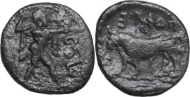 Greek Italy. Lucania, Poseidonia-Paestum. AR Diobol, 410-350 BC. Obv. Poseidon striding right, cloak hanging from shoulders, brandishing trident. Rev....
