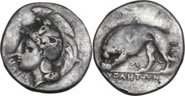 Greek Italy. Northern Lucania, Velia. AR Fourreé Stater, 334-340 BC. Obv. Head of Athena left wearing Phrigian helmet, the bowl decorated with centaur...