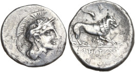 Greek Italy. Northern Lucania, Velia. AR Didrachm, c. 300-280 BC. Obv. Head of Athena right, wearing Attic helmet decorated with griffin; A-[Φ] flanki...