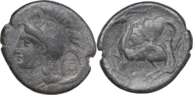 Greek Italy. Northern Lucania, Velia. AR Didrachm, c. 280 BC. Obv. Head of Athena left, wearing helmet decorated with Pegasus; above, A; behind neck, ...