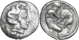 Greek Italy. Southern Lucania, Heraclea. AR Diobol, 432-420 BC. Obv. Head of Athena right, wearing helmet decorated with hippocampus. Rev. Herakles kn...