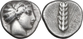 Greek Italy. Southern Lucania, Metapontum. AR stater, c. 430-400 BC. Obv. Head of Demeter right, hair bound in crossed fillet. Rev. Barley ear of six ...