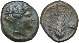 Greek Italy. Southern Lucania, Metapontum. AE Obol, 400-340 BC. Obv. Head of Demeter right. Rev. Ear of barley; to right, poppy head. HN Italy 1640; H...