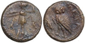 Greek Italy. Southern Lucania, Metapontum. AE 14 mm, 250-207 BC. Obv. Athena Promachos left. Rev. Owl standing three-quarters left on stalk of barley,...