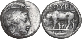 Greek Italy. Southern Lucania, Thurium. AR Triobol, c. 443-400 BC. Obv. Head of Athena right, wearing Attic helmet decorated with wreath. Rev. ΘOYPI. ...