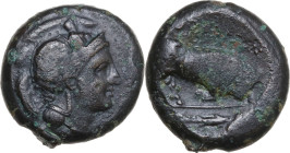 Greek Italy. Southern Lucania, Thurium. AE Diobol, c. 325-300 BC. Obv. Head of Athena right, wearing Attic helmet decorated with Skylla. Rev. ΘΟΥΡΙΩΝ....