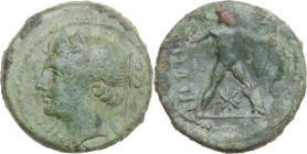 Greek Italy. Bruttium, Brettii. AE Half-Unit. Fourth Coinage, c. 214-211 BC. Obv. NIKA. Diademed head of Nike left. Rev. ΒΡΕΤΤΙΩΝ. Zeus striding right...