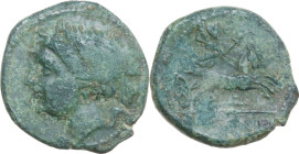Greek Italy. Bruttium, Brettii. AE Half, c. 211-208 BC. Obv. Winged bust of Nike left. Rev. Zeus driving biga right; below, plough; in exergue, ΒΡΕΤΤΙ...