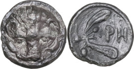 Greek Italy. Bruttium, Rhegion. AR Litra, c. 420-410 BC. Obv. Lion's head facing. Rev. Olive spray. HN Italy 2495; HGC 1 1654. AR. 0.61 g. 9.00 mm. Cl...