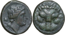 Greek Italy. Bruttium, Rhegion. AE 20 mm, c. 351-280 BC. Obv. Laureate head of Apollo right; behind, omphalos. Rev. Facing lion's mask. HN Italy 2534;...