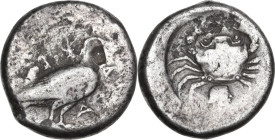Sicily. Akragas. AR Didrachm, c. 483-475 BC. Obv. AK-RA (second part retrograde). Eagle standing right. Rev. Crab; below, head right; all within circu...