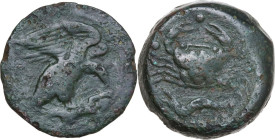 Sicily. Akragas. AE Tetras or Trionkion, c. 425-410 BC. Obv. Eagle standing right on hare, head lowered, wings spread. Rev. Crab; above, mussel shell;...