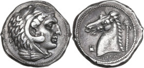 Sicily. Entella. Punic issues. AR Tetradrachm, c. 300-289 BC. Obv. Head of youthful Herakles right, wearing lion's skin. Rev. Head of horse left; palm...