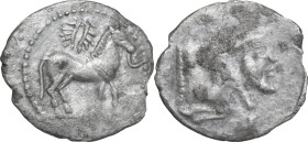 Sicily. Gela. AR Litra, 465-450 BC. Obv. Bridled horse standing right; above, wreath. Rev. Forepart of man-headed bull right. HGC 2 373. AR. 0.42 g. 1...