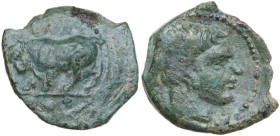 Sicily. Gela. AE Tetras, c. 420-405 BC. Obv. Bull advancing left. Rev. Head of Gelas right. HGC 2 379. AE. 4.00 g. 19.00 mm. Light green patina. Good ...