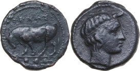 Sicily. Gela. AE Tetras, c. 420-405 BC. Obv. Bull advancing left. Rev. Head of Gelas right. HGC 2 379. AE. 3.38 g. 16.00 mm. VF.