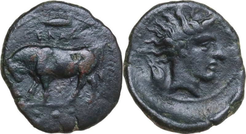 Sicily. Gela. AE Tetras, c. 420-405 BC. Obv. Bull advancing left; above, barleyc...