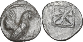 Sicily. Himera. AR Litra, 530-482 BC. Obv. Rooster standing right. Rev. Incuse square with windmill pattern. HGC 2 426. AR. 0.85 g. 12.00 mm. VF/About...