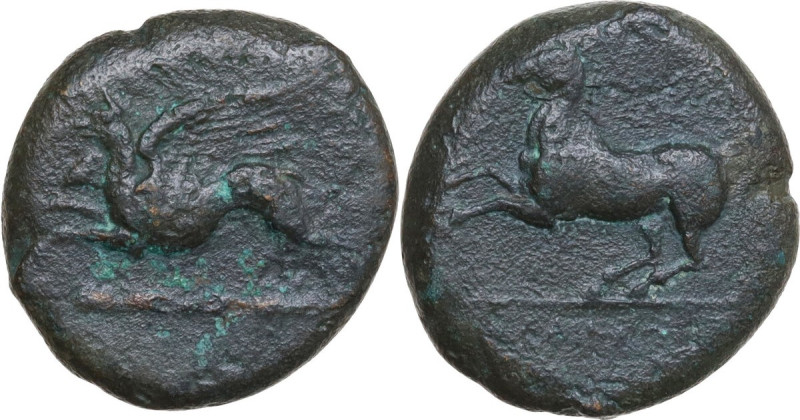 Sicily. Kainon. AE 22 mm, c. 365 BC. Obv. Griffin leaping right. Rev. Horse gall...
