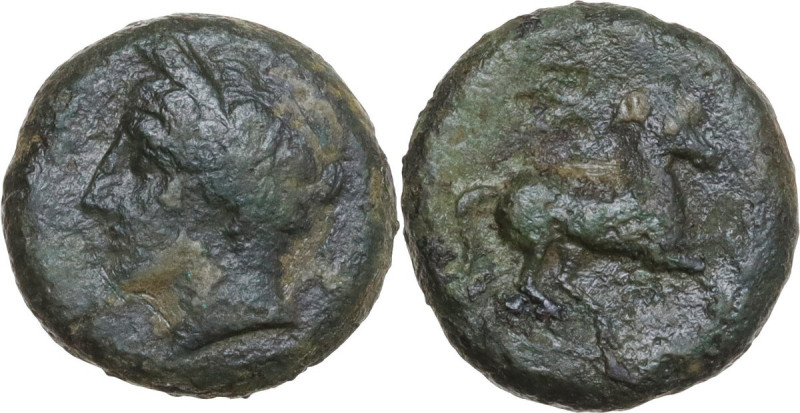 Punic Sicily. AE 16 mm, late 4th-early 3rd century BC. Obv. Head of Tanit left, ...