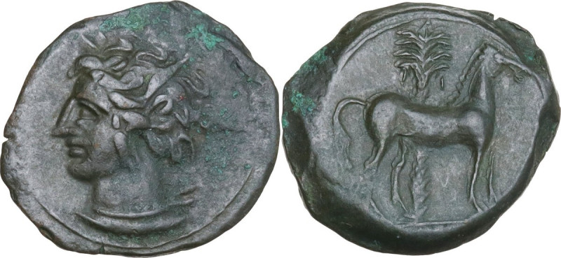 Punic Sicily. AE 18 mm, late 4th-early 3rd century BC. Obv. Head of Tanit left, ...