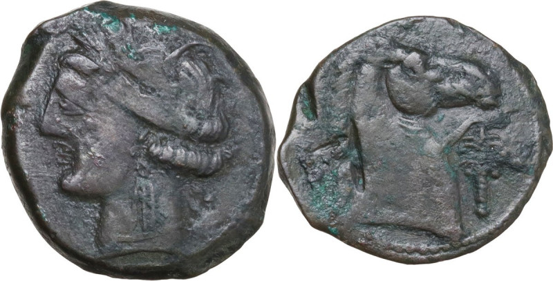 Punic Sardinia. AE 20 mm, 300-264 BC. Obv. Head of Tanit left, wearing wreath of...