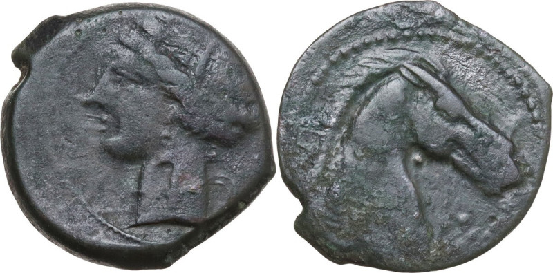 Punic Sardinia. AE 21 mm, 300-264 BC. Obv. Head of Tanit left, wearing wreath of...