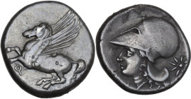 Continental Greece. Corinthia, Corinth. AR Stater, c. 345-307 BC. Obv. Pegasos flying left; koppa below. Rev. Head of Athena left; behind, star; benea...