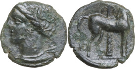 Africa. Zeugitania, Carthage. AE 16 mm, c. 400-350 BC. Obv. Head of Tanit left, wearing wreath of grain. Rev. Horse standing right in front of palm tr...