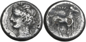 Africa. Zeugitania, Carthage. AR Shekel, Libyan Revolt (?) c. 241-238 BC. Obv. Head of Tanit left, wearing wreath of grain ears, single-pendant earrin...
