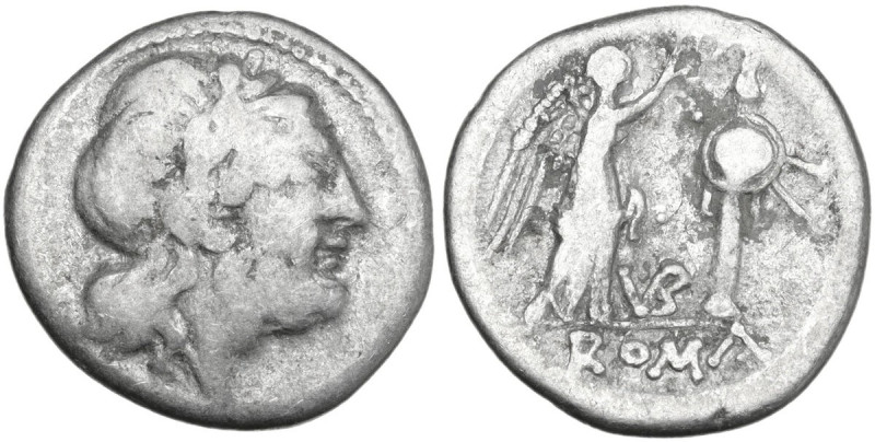 VB series. AR Victoriatus, uncertain Samnite mint, 212 BC. Obv. Laureate head of...