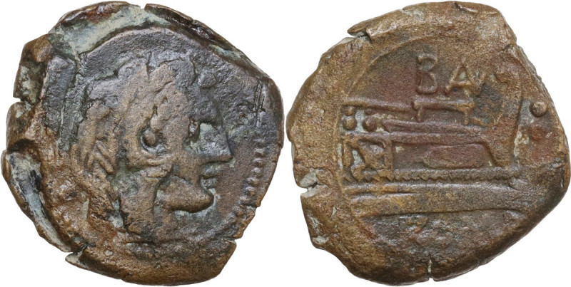 BAL series. AE Quadrans, 168-158 BC. Obv. Head of Hercules right; behind, three ...