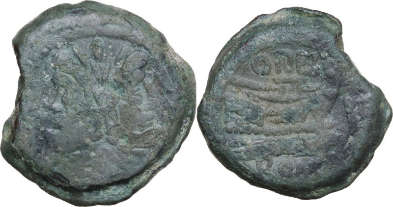 Q. Opimius. AE As, 169-158 BC. Obv. Laureate head of Janus. Rev. Prow right; abo...