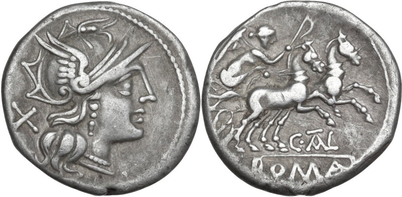 C. Thalna. AR Denarius, 154 BC. Obv. Helmeted head of Roma right; behind, X. Rev...