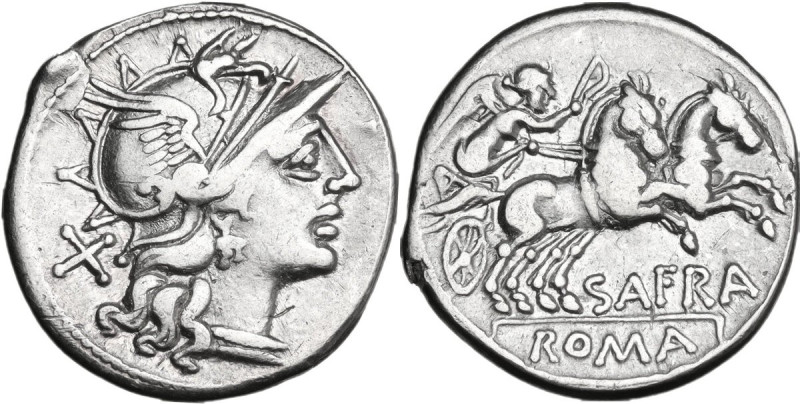 Spurius Afranius. AR Denarius, 150 BC. Obv. Helmeted head of Roma right; behind ...