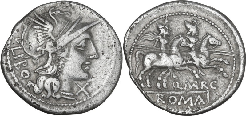 Q. Marcius Libo. AR Denarius, 148 BC. Obv. Helmeted head of Roma right; behind, ...