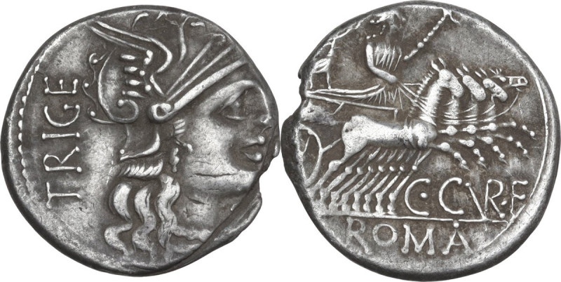 C. Curiatius Trigeminus. AR Denarius, 142 BC. Obv. Helmeted head of Roma right; ...