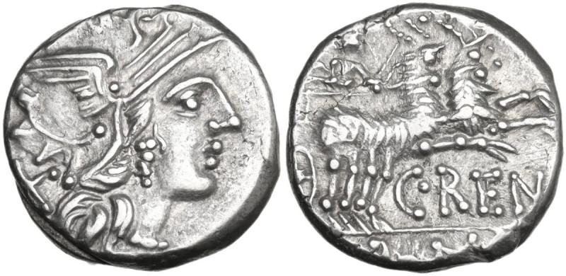 C. Renius. AR Denarius, 138 BC. Obv. Helmeted head of Roma right; behind, X. Rev...