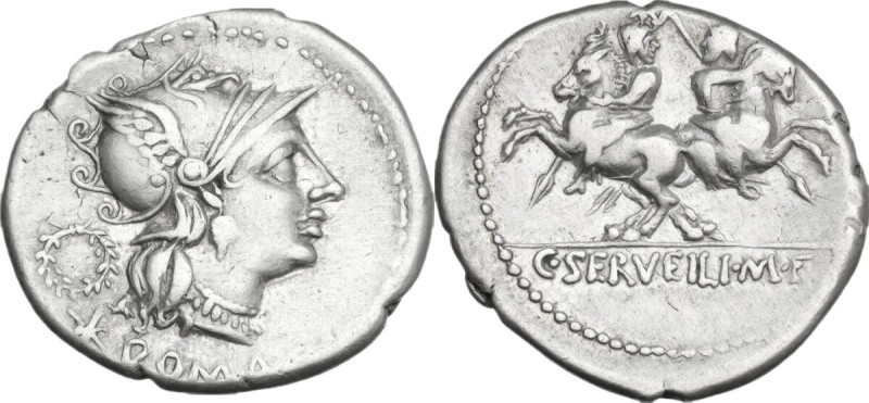 C. Servilius M.f. AR Denarius, 136 BC. Obv. Helmeted head of Roma right; behind,...