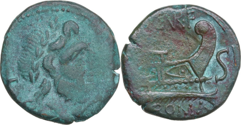 C. Curiatius f. Trigeminus. AE Semis, Rome mint, 135 BC. Obv. Laureate head of S...