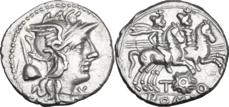 T. Quinctius Flamininus. AR Denarius, 126 BC. Obv. Helmeted head of Roma right; ...