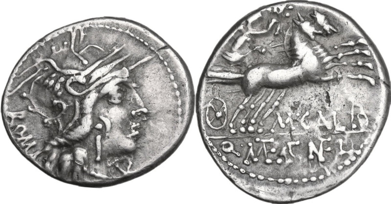 M. Calidius, Q. Metellus and Cn. Fulvius. AR Denarius, 117 or 116 BC. Obv. Helme...