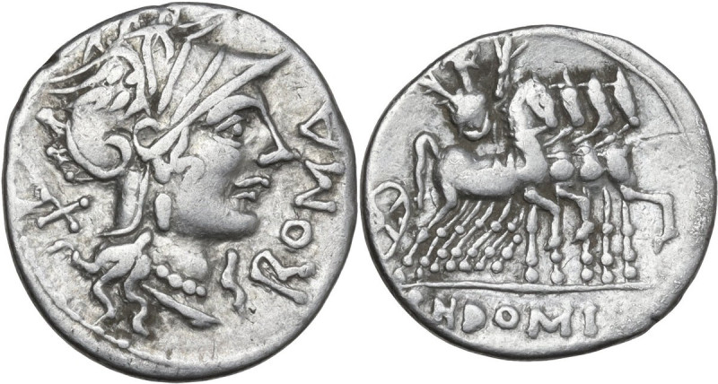 Cn. Domitius Ahenobarbus. AR Denarius, 116 or 115 BC. Obv. Helmeted head of Roma...