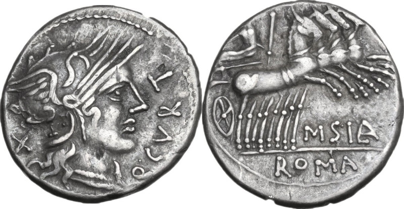 Q. Curtius and M. Silanus. AR Denarius, 116 or 115 BC. Obv. Helmeted head of Rom...