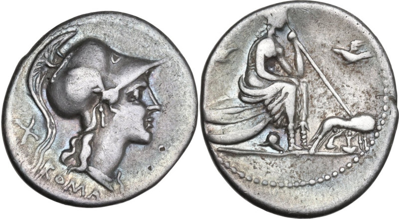 Anonymous. AR Denarius, 115 or 114 BC. Obv. Helmeted head of Roma right; behind,...