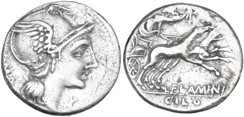 L. Flaminius Chilo. AR Denarius, 109 or 108 BC. Obv. Helmeted head of Roma right...