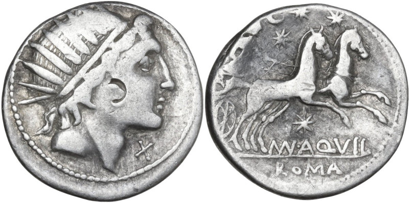 Mn. Aquillius. AR Denarius, 109 or 108 BC. Obv. Radiate head of Sol right; below...